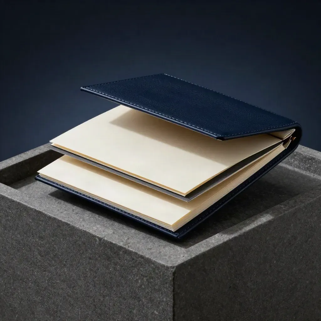 Midnight-navy cashflow folio in stone tray with clipped paper packets above a charcoal plinth.