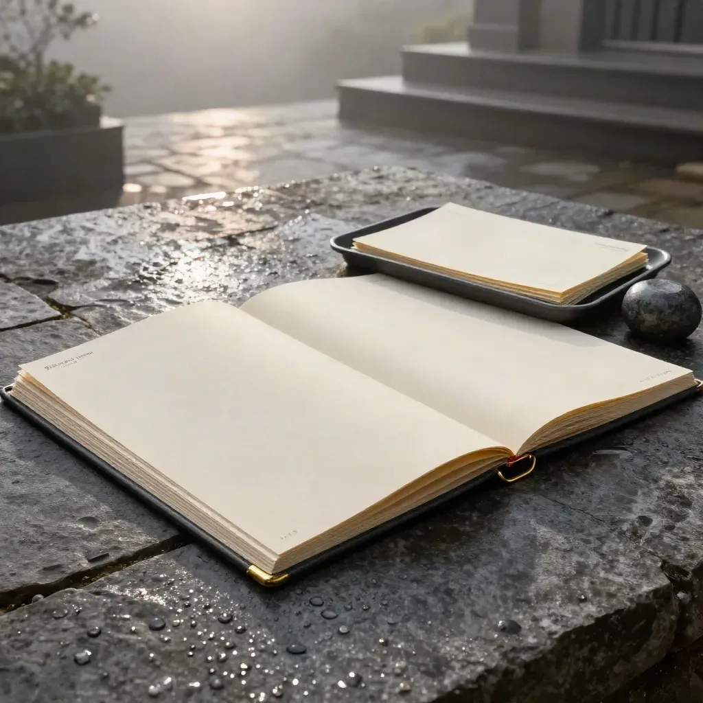 Cream review folio with brass binding, graphite tray and paperweight on wet stone at dawn.