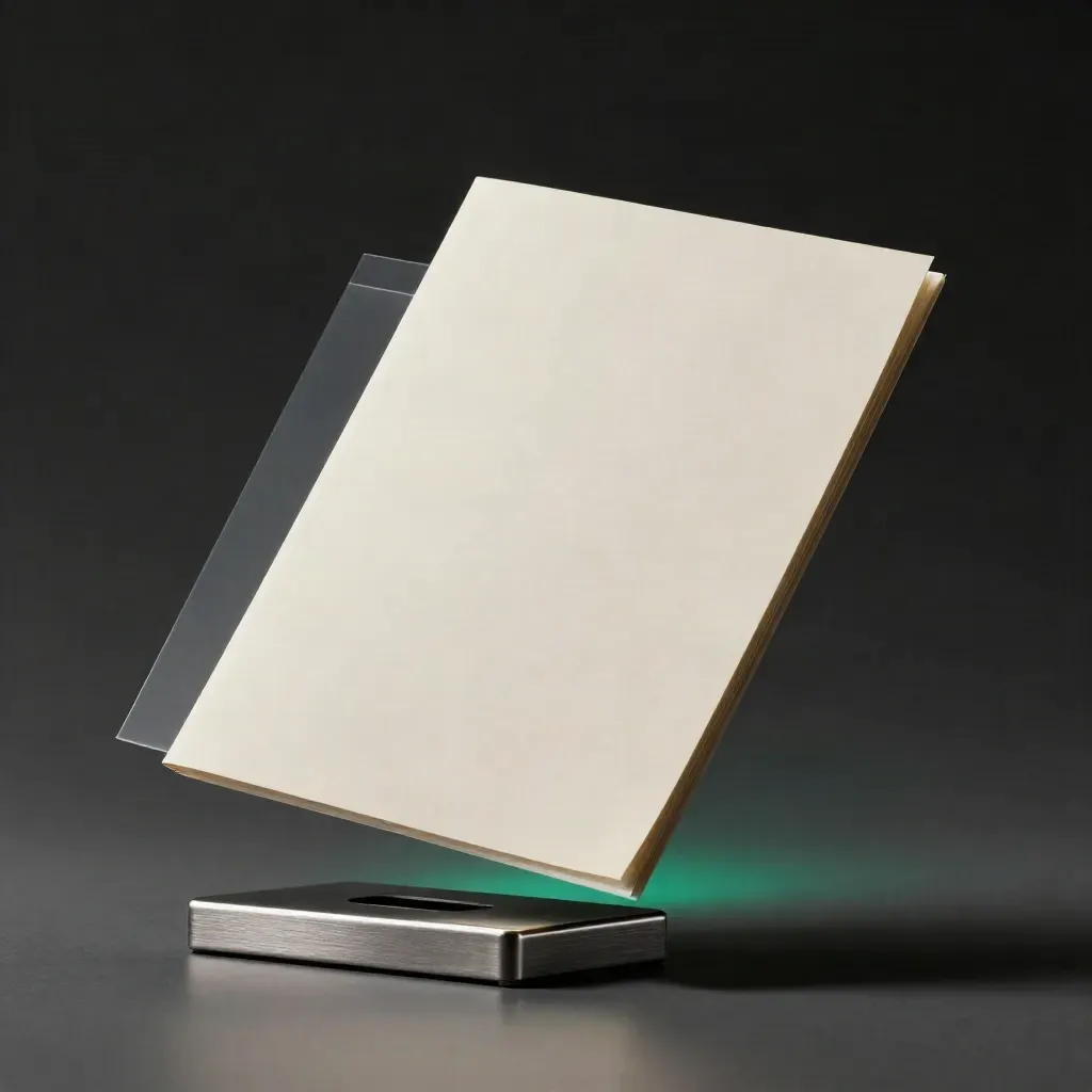 Floating ivory ISA transfer folio with sleeve inserts and a metal paperweight on a dark gradient.