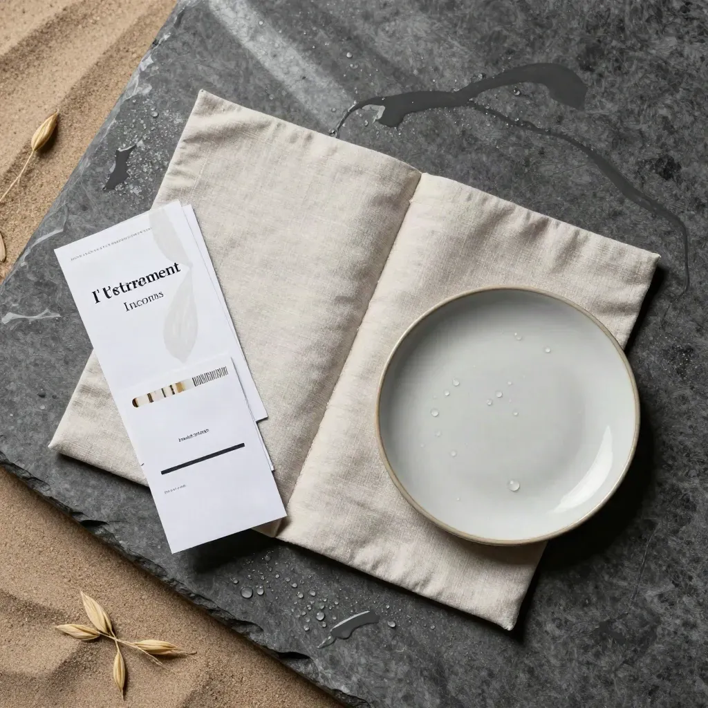 Overhead flatlay of linen folder, folded pension cards and ceramic disk on wet basalt with rain beads.