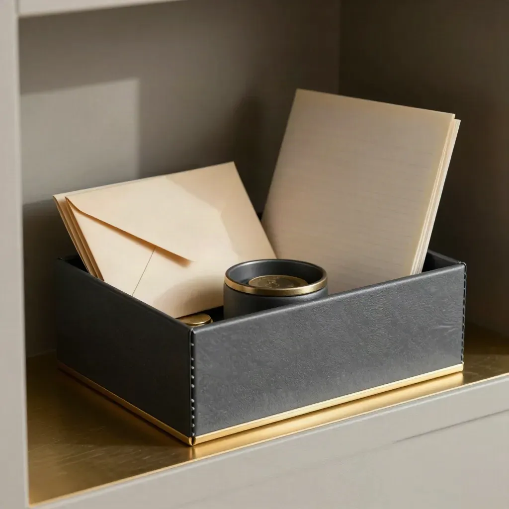 Graphite reserve box with envelopes and coin cup in a brass shelf niche.