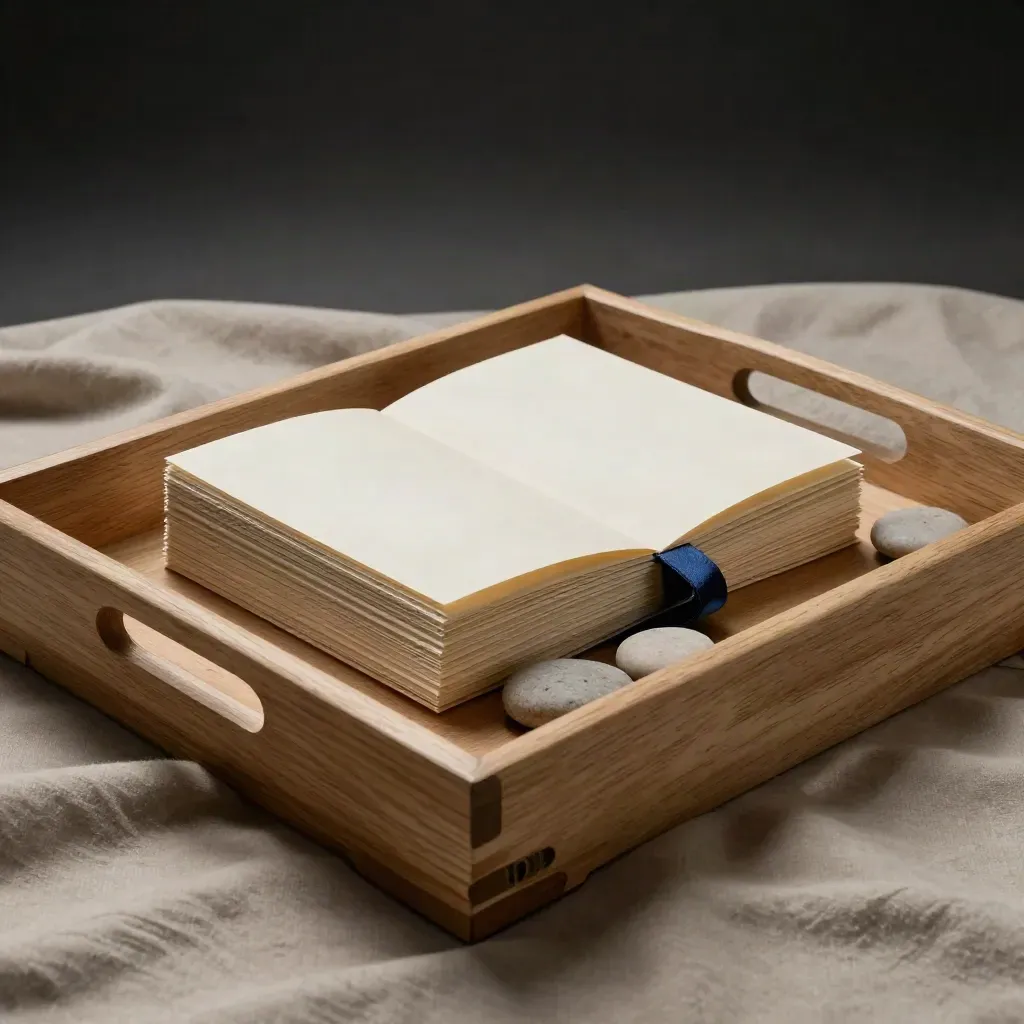 Ash wood tray in oatmeal fabric with cream folder, folded cards, and pebble weights.