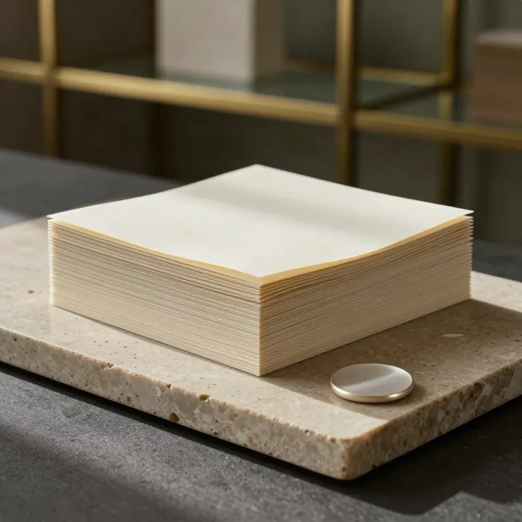 Cream pension stack on warm stone tray, hovering over charcoal with a soft navy glow.