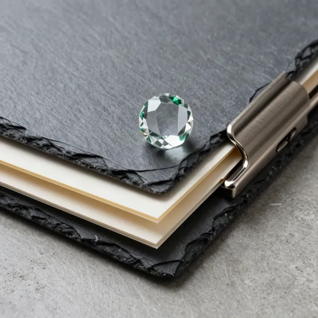 Slate tax review folder with crystal paperweight and steel clip on brushed concrete