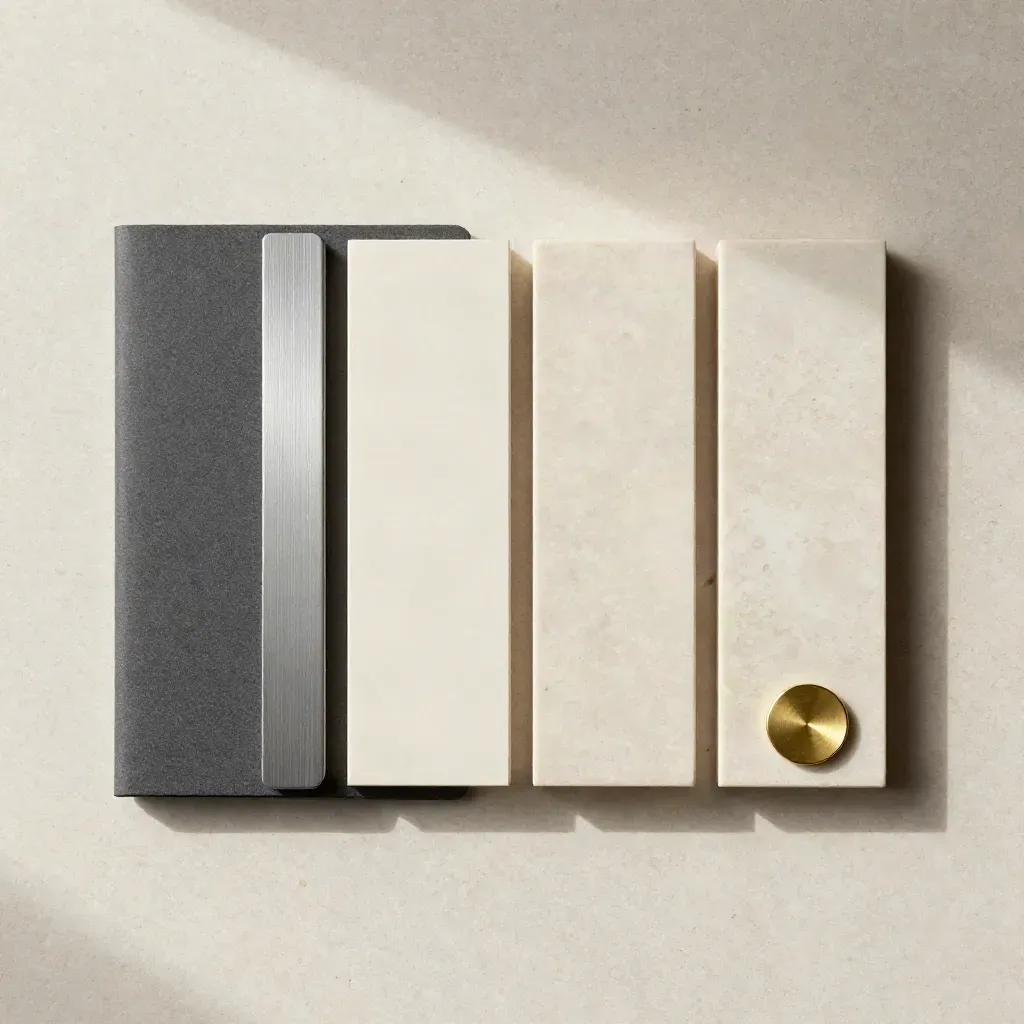 Overhead travertine flatlay with allocation blocks, folder and brass token