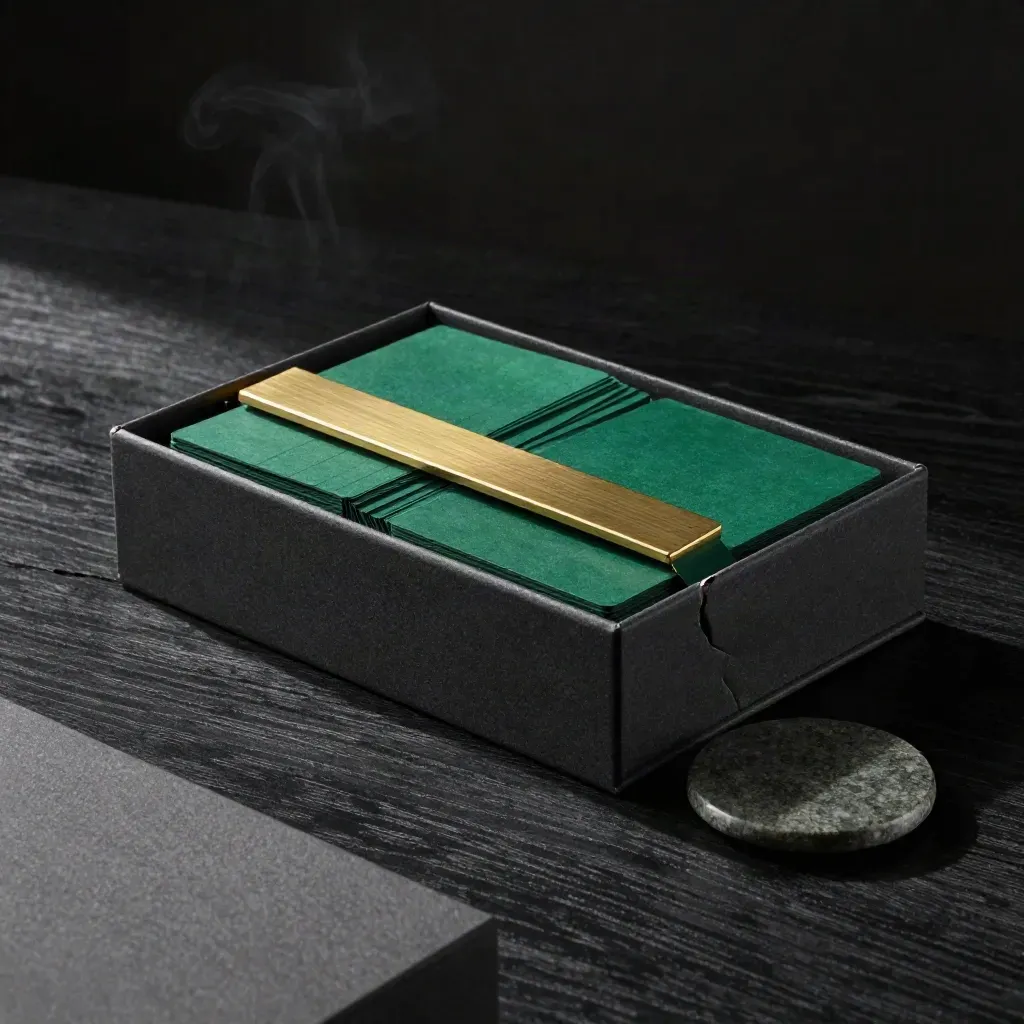 Open wealth plan kit on blackened oak, emerald cards and brass clip in moody light.