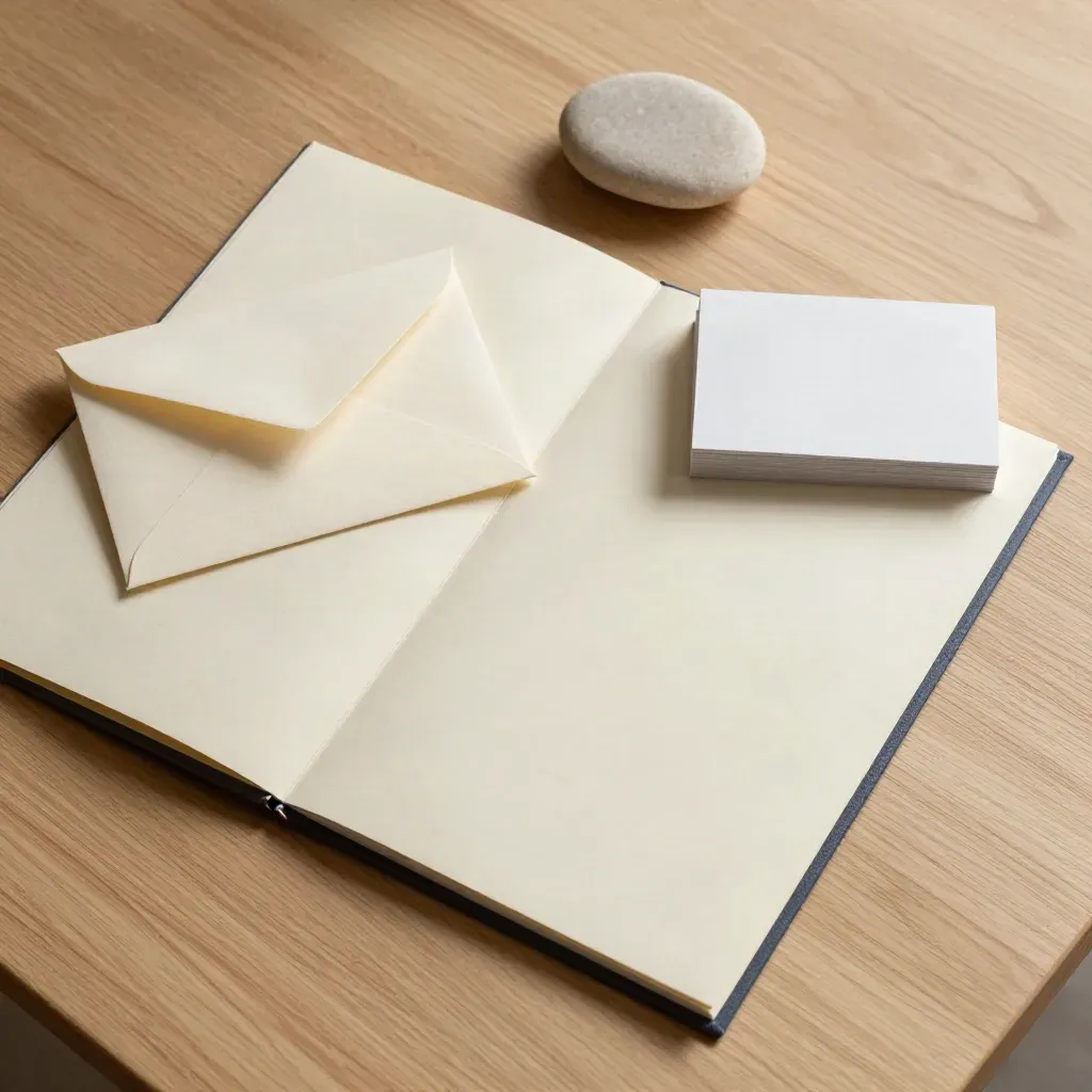 Overhead flatlay of a cream ISA starter kit folder, envelopes, card stack and stone pebble on oak.