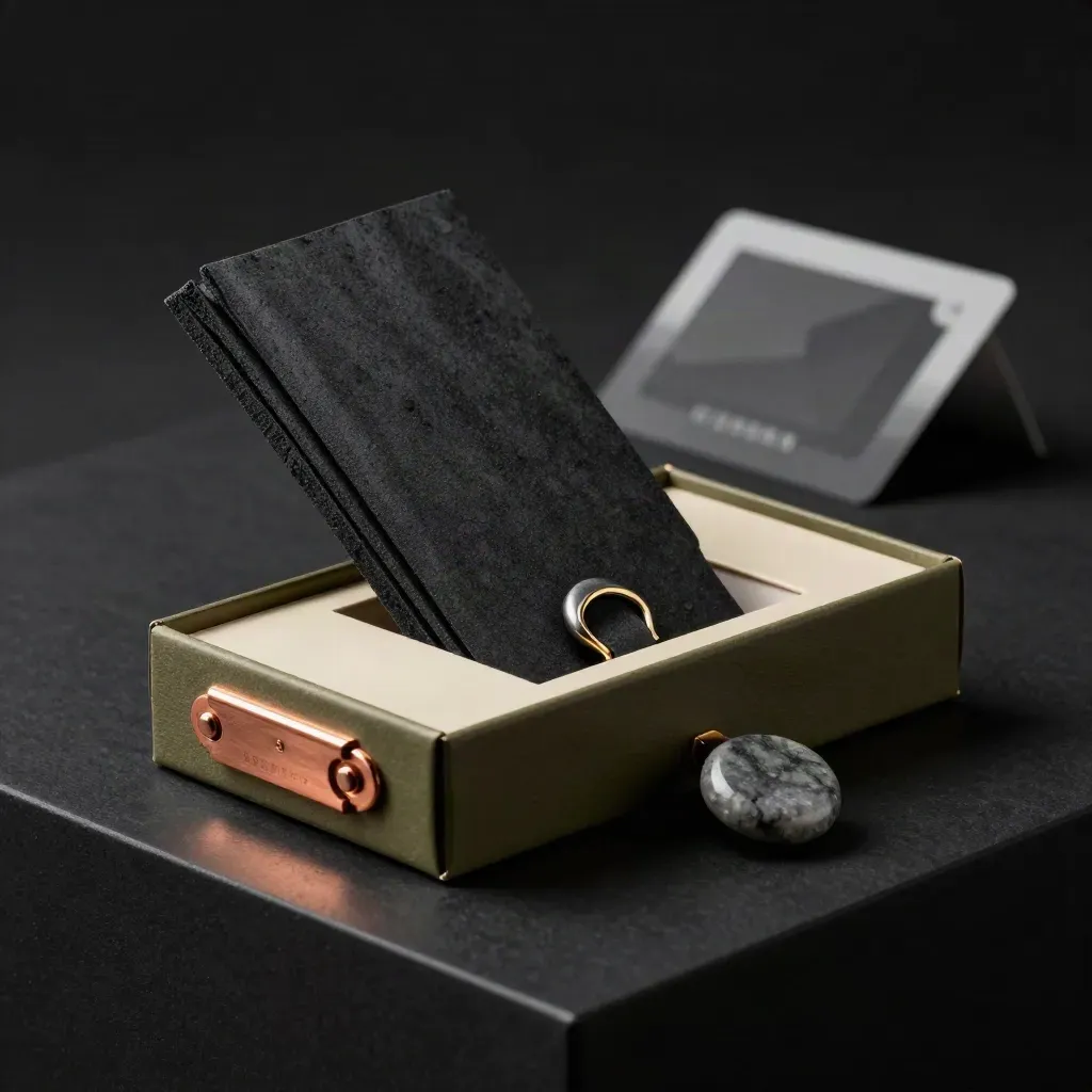 Charcoal tax planning box fanned open with copper clasp and stone token on a dark studio plinth.