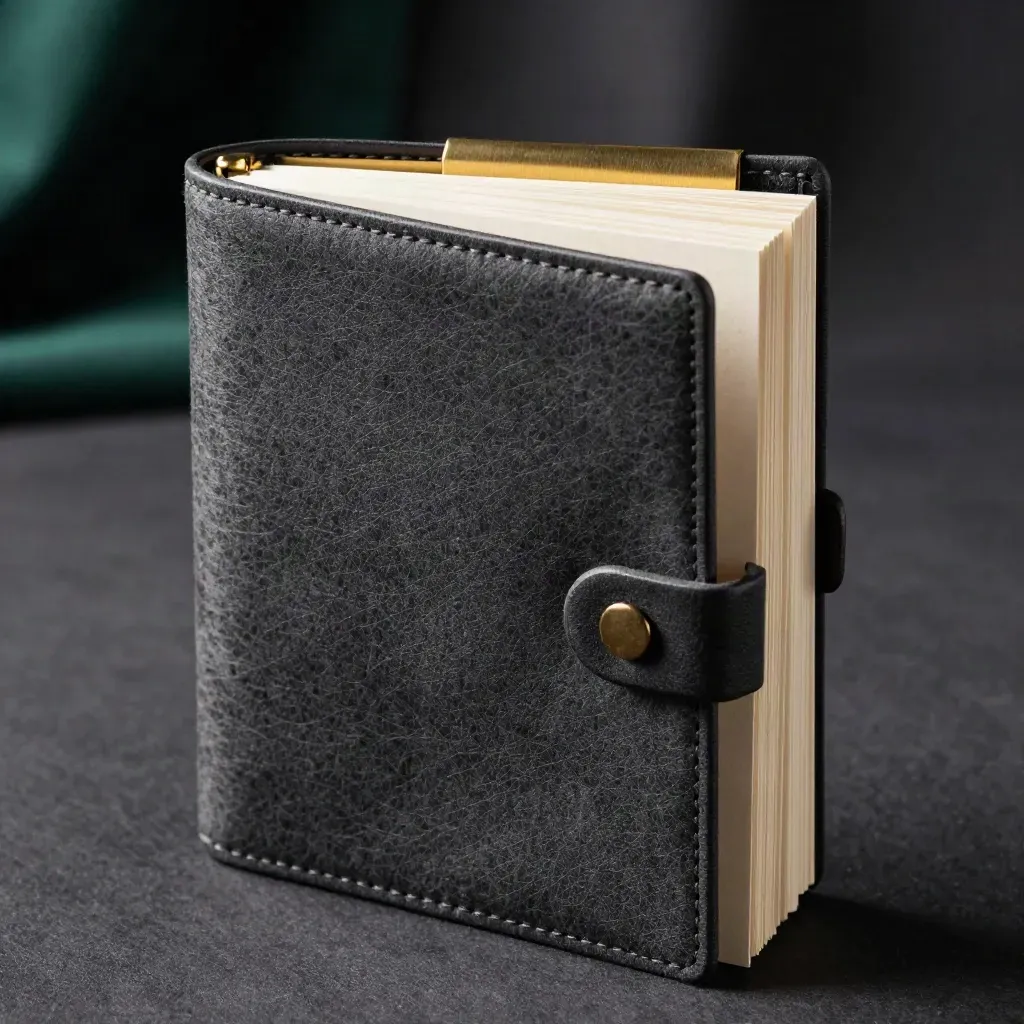 Charcoal pension folio with brass clip and ceramic blocks against soft fabric blur.