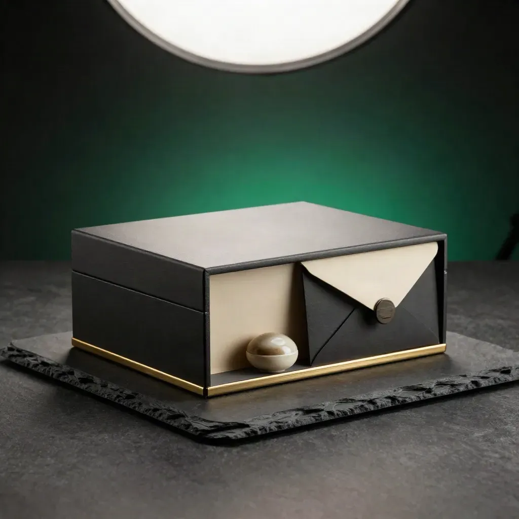 Charcoal reserve box, envelope sleeves and ceramic weight on a slate plinth with a faint emerald glow