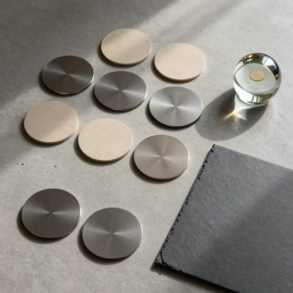 Overhead risk audit flatlay with slate folder, allocation discs and glass weight on stone