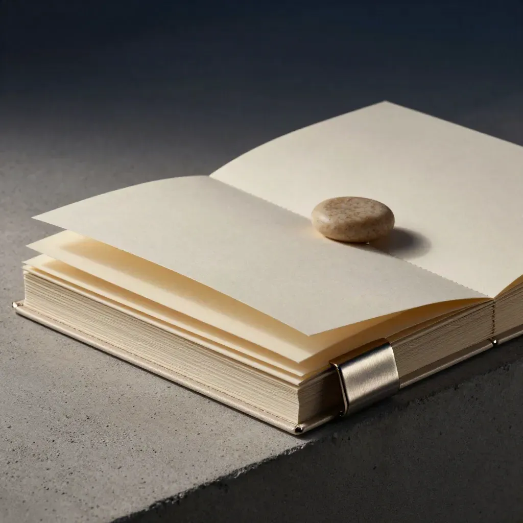 Cream retirement drawdown folio with metal clasp and stone weight on concrete.