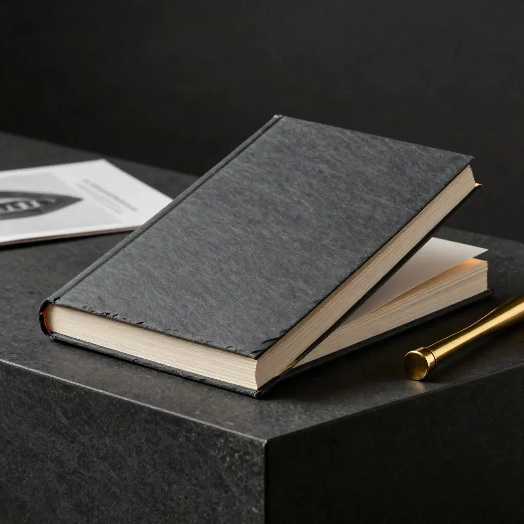 Slate market brief folio with brass marker on a dark plinth, softly lit in a premium studio