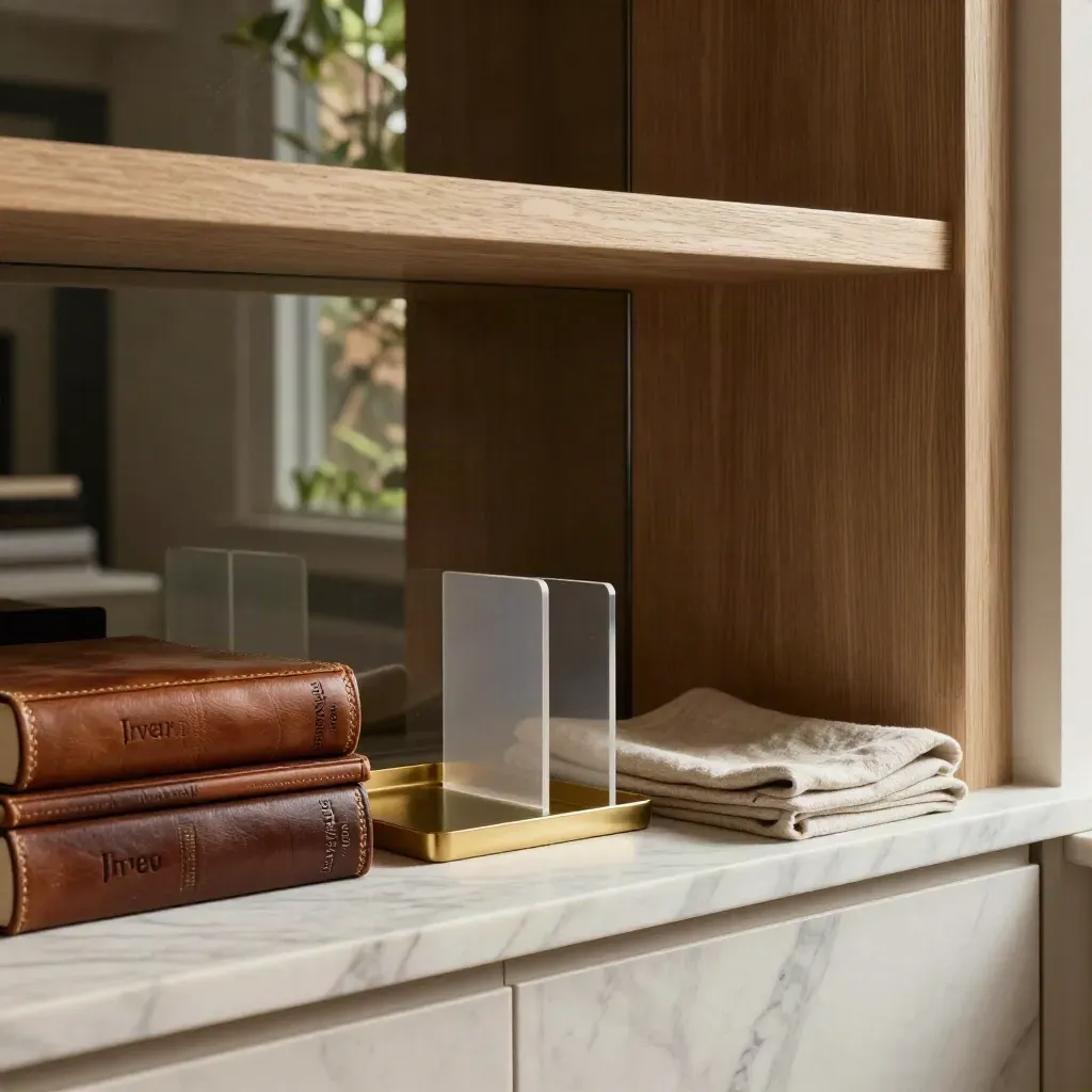 Townhouse study corner with portfolio volumes, marble sill, pale oak shelves and soft foliage light.