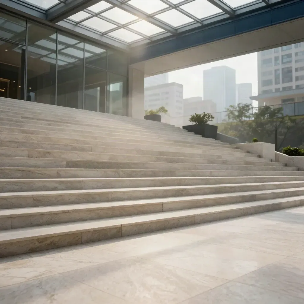 Limestone atrium with glazed roof, blurred city beyond, calm lower space for finance copy.